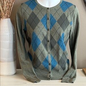 CROFT & BARROW Olive Teal Pima Cotton Argyle Button-Up Cardigan Academia Small